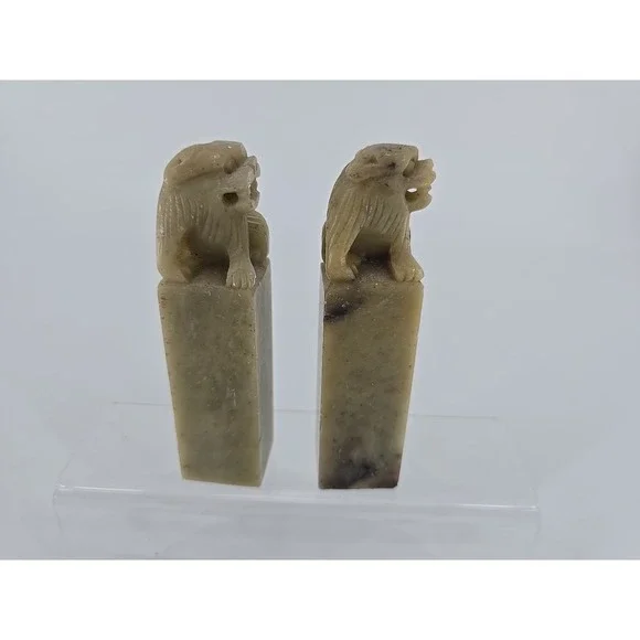 Vtg 1960s Pair of Chinese Soapstone Foo Dog Hand Carved Chop Seal 4in Statues